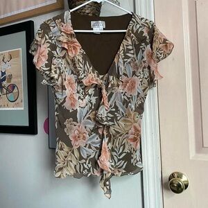 Adrianna Papell brown Flutter Sleeve Blouse with Tie Front